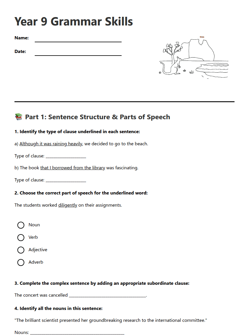 Year 9 Grammar Skills worksheet preview