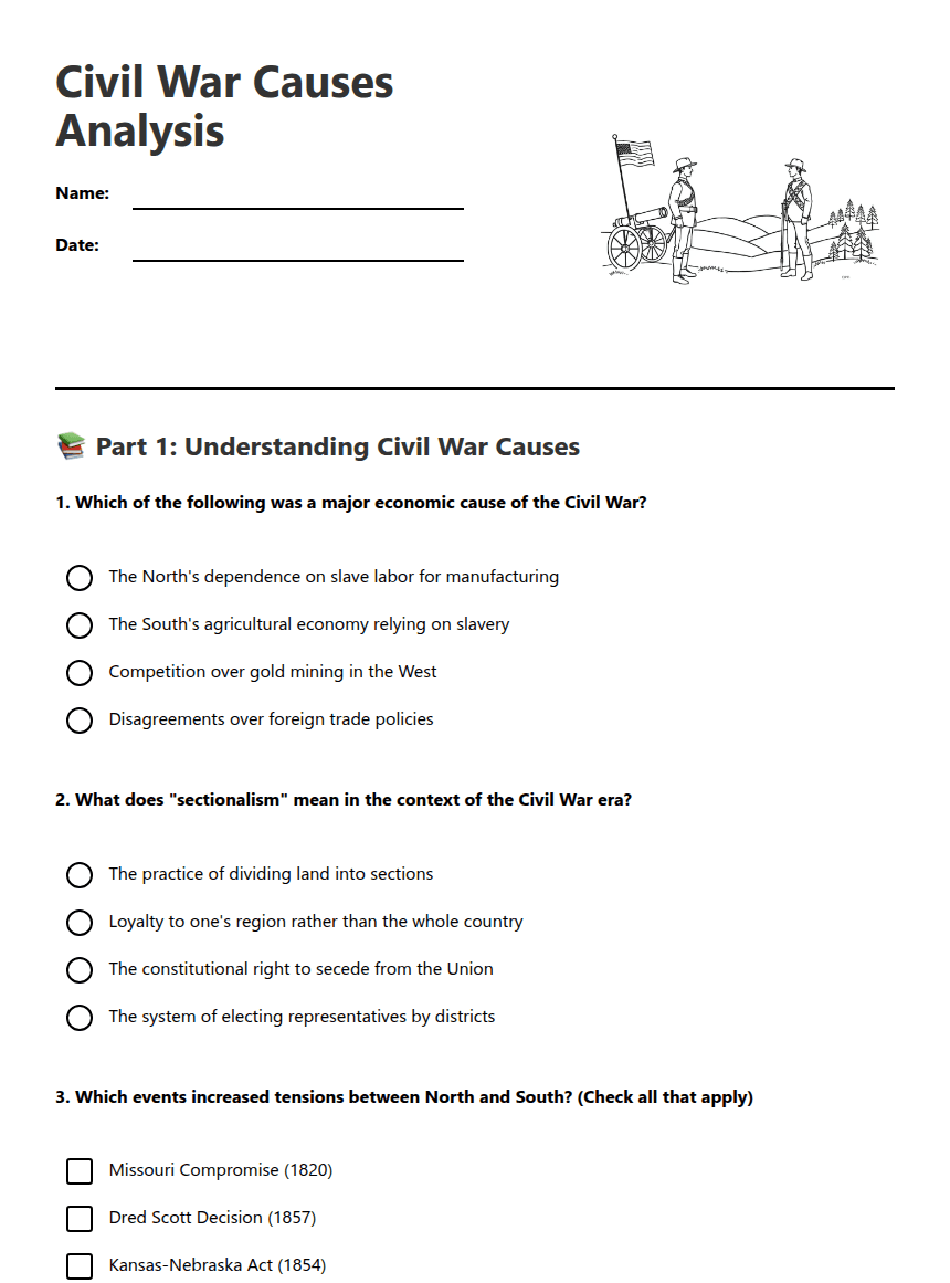Civil War Causes Analysis worksheet preview