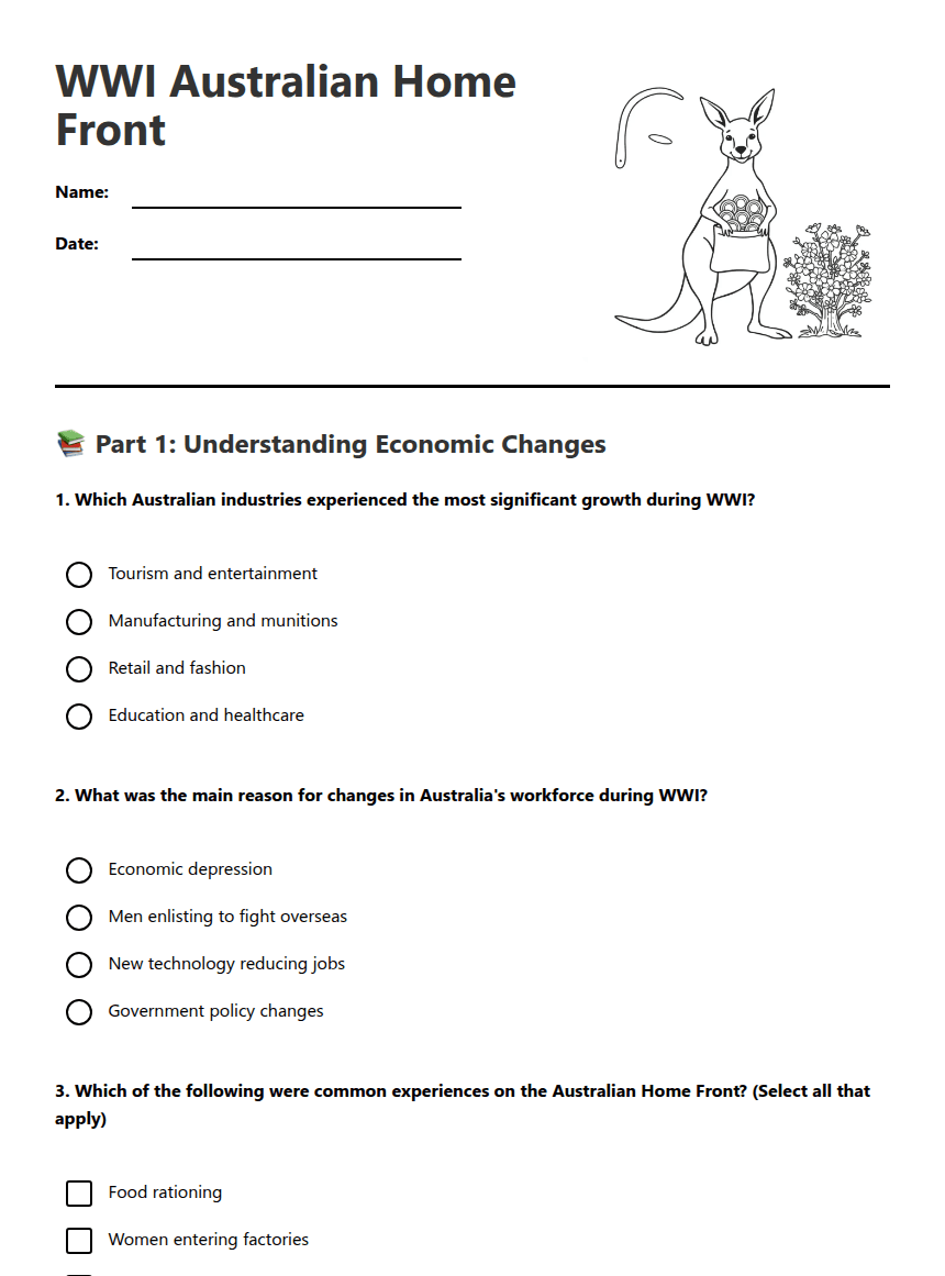 WWI Australian Home Front worksheet preview