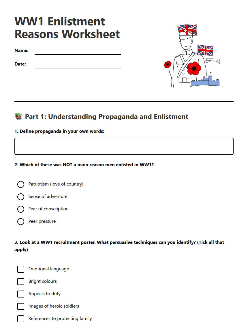 WW1 Enlistment Reasons Worksheet worksheet preview
