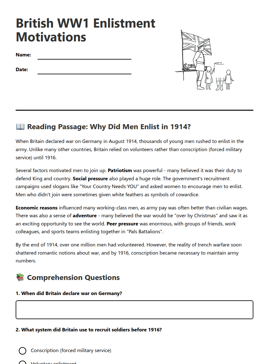 British WW1 Enlistment Motivations worksheet preview