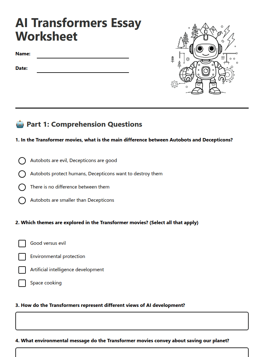 AI Transformers Essay Worksheet worksheet preview