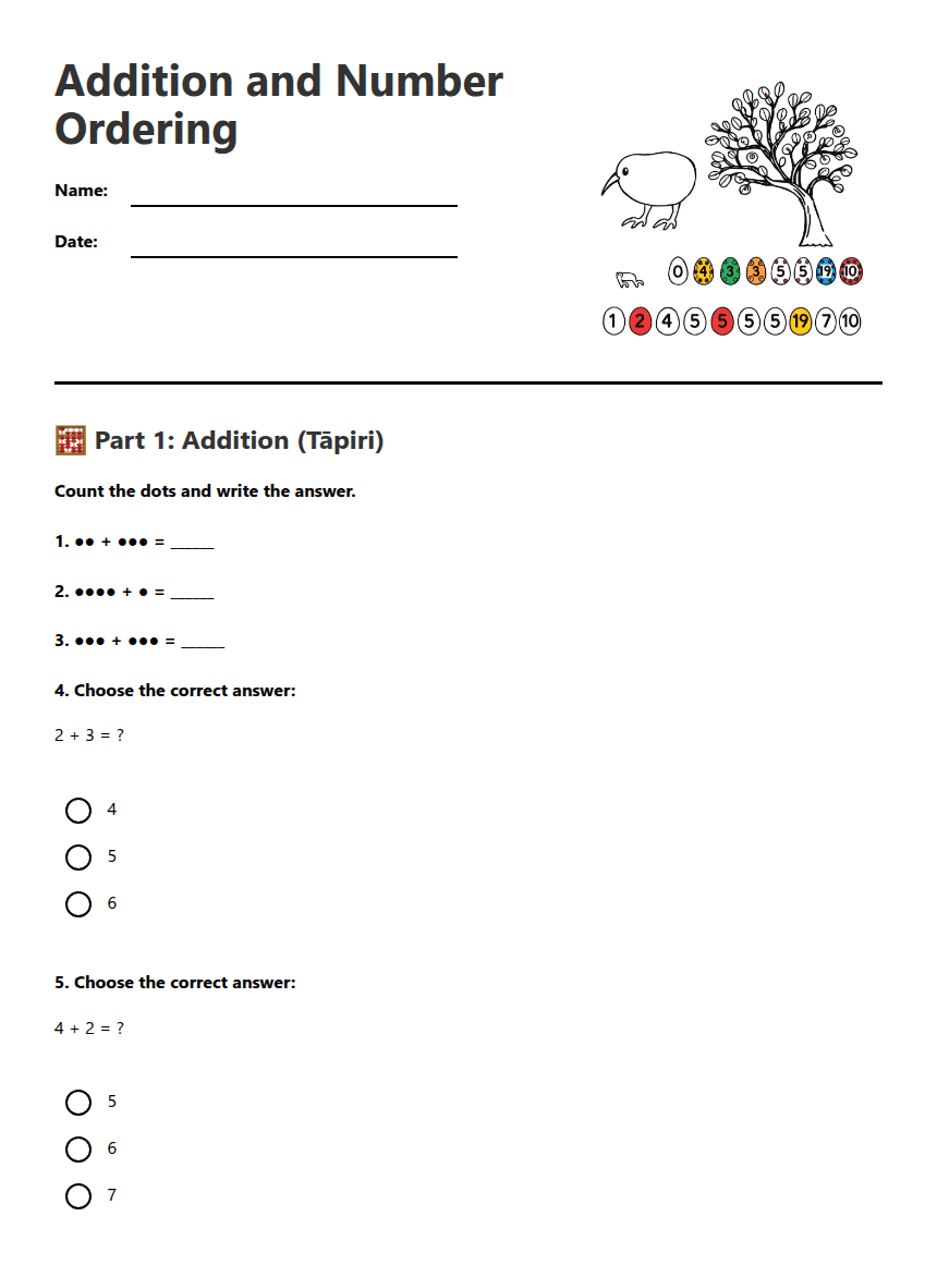 Addition and Number Ordering worksheet preview