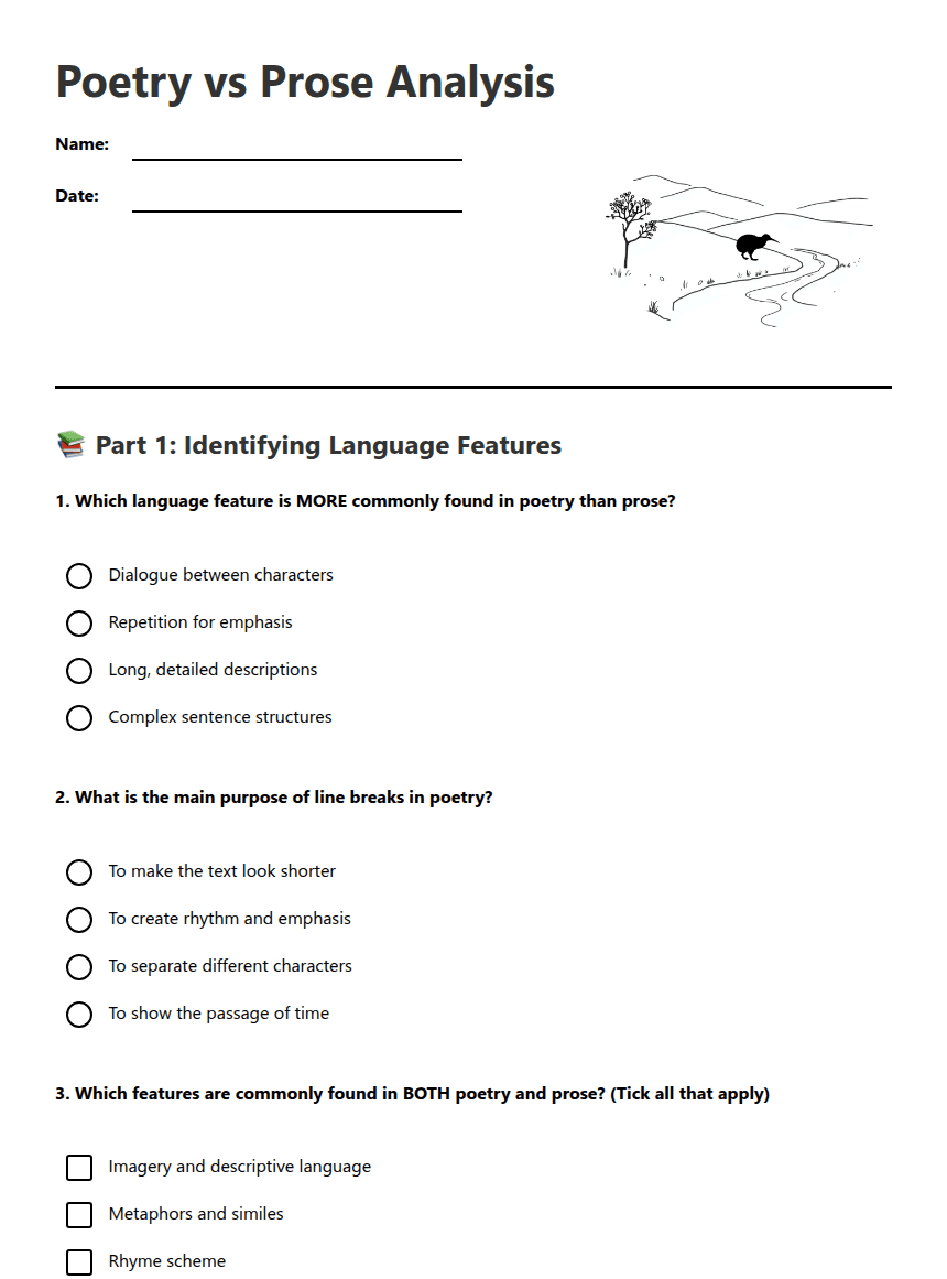 Poetry vs Prose Analysis worksheet preview