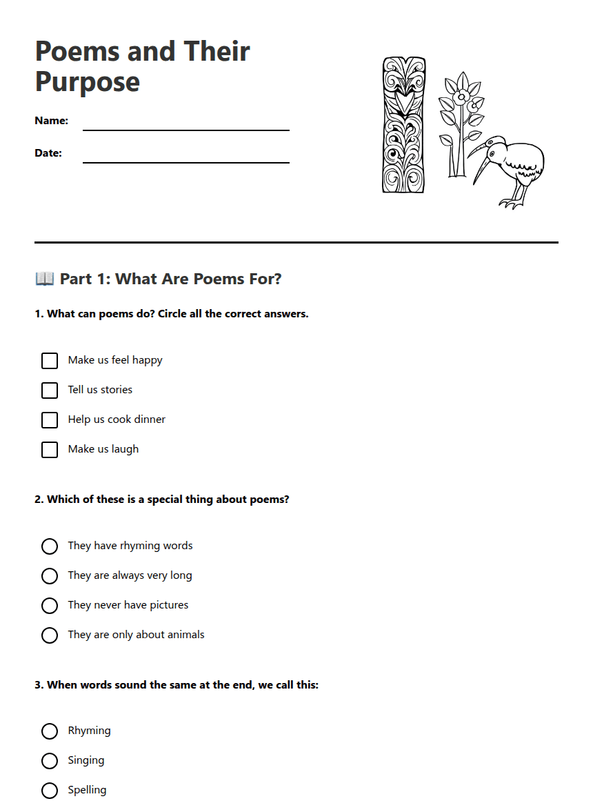 Poems and Their Purpose worksheet preview