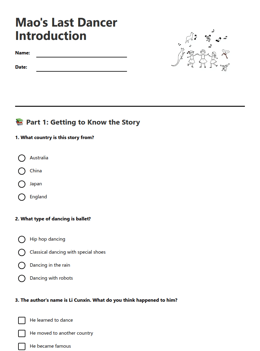 Mao's Last Dancer Introduction worksheet preview