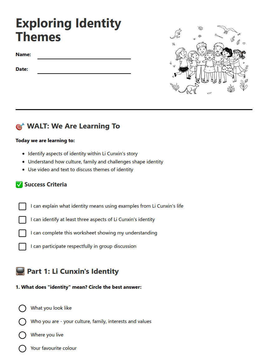 Exploring Identity Themes worksheet preview