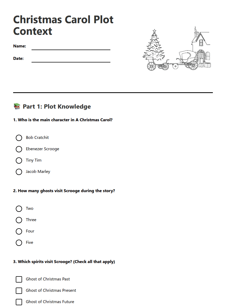 Christmas Carol Plot Context worksheet preview