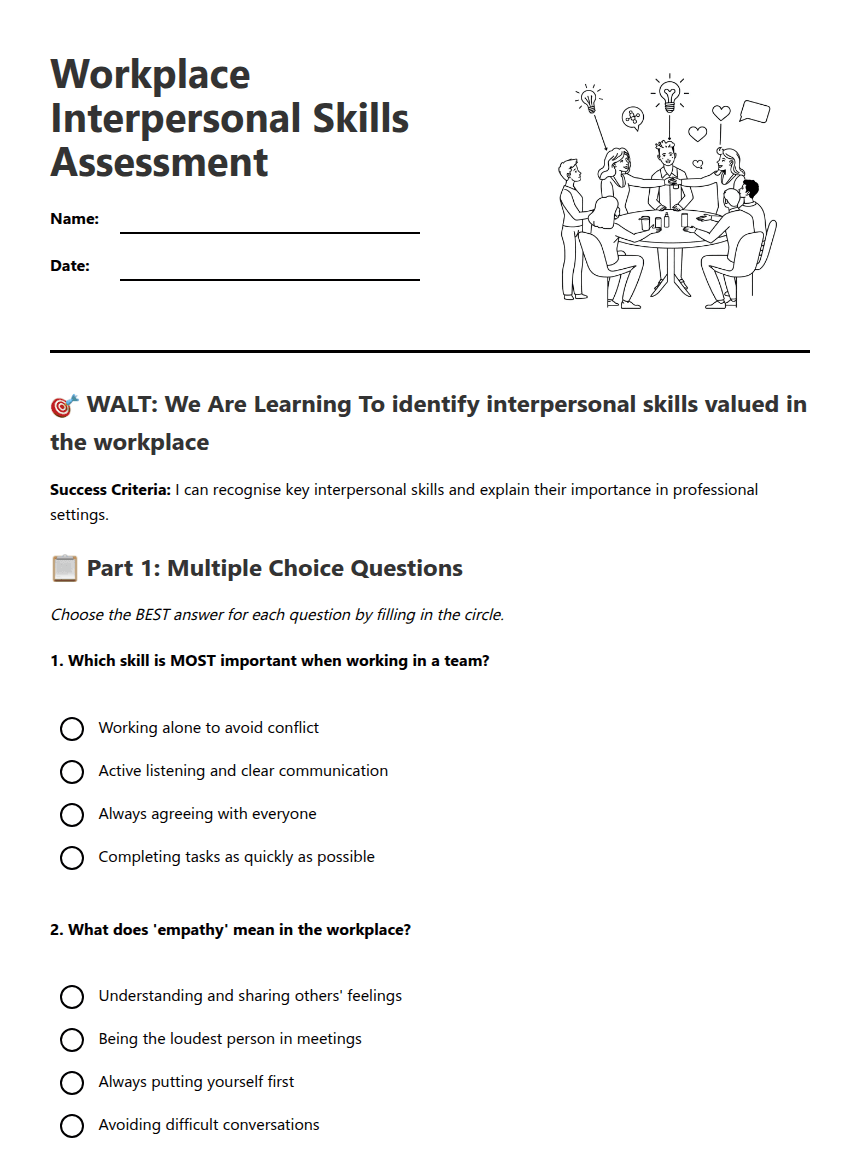 Workplace Interpersonal Skills Assessment worksheet preview