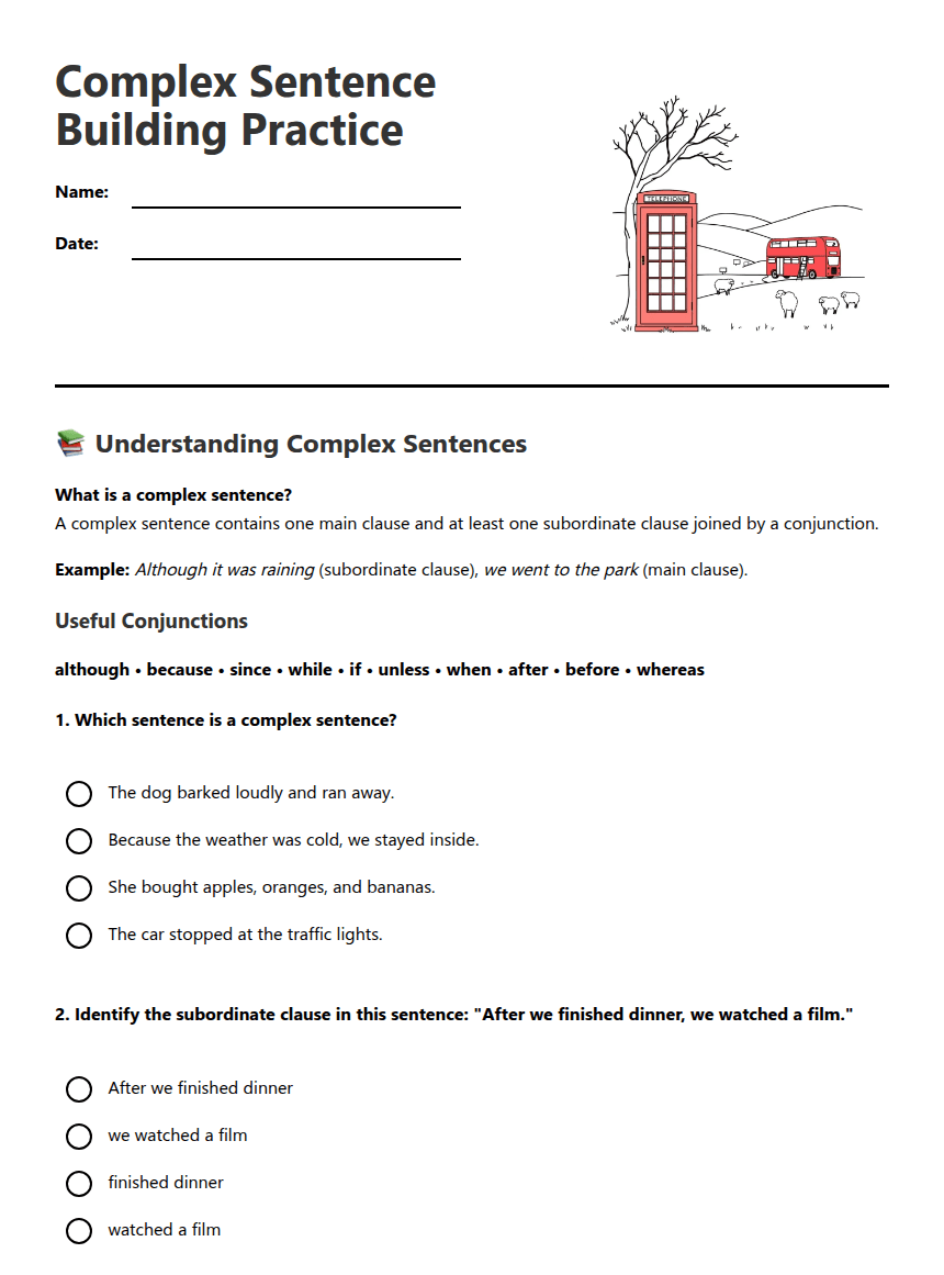 Complex Sentence Building Practice worksheet preview