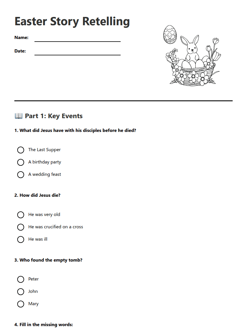 Easter Story Retelling worksheet preview