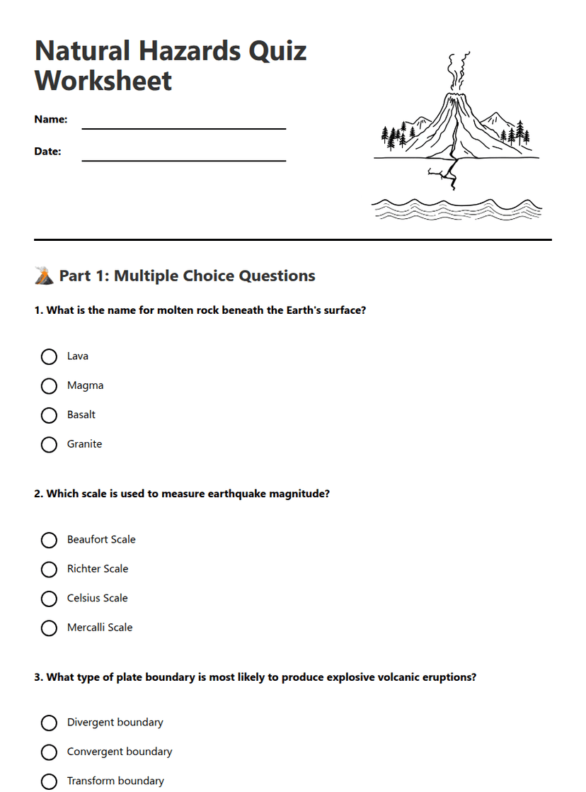 Natural Hazards Quiz Worksheet