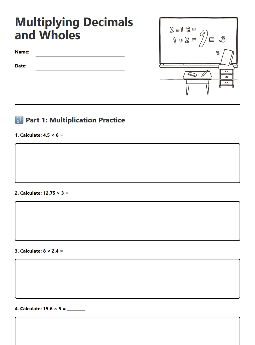 Multiplying Decimals and Wholes worksheet preview