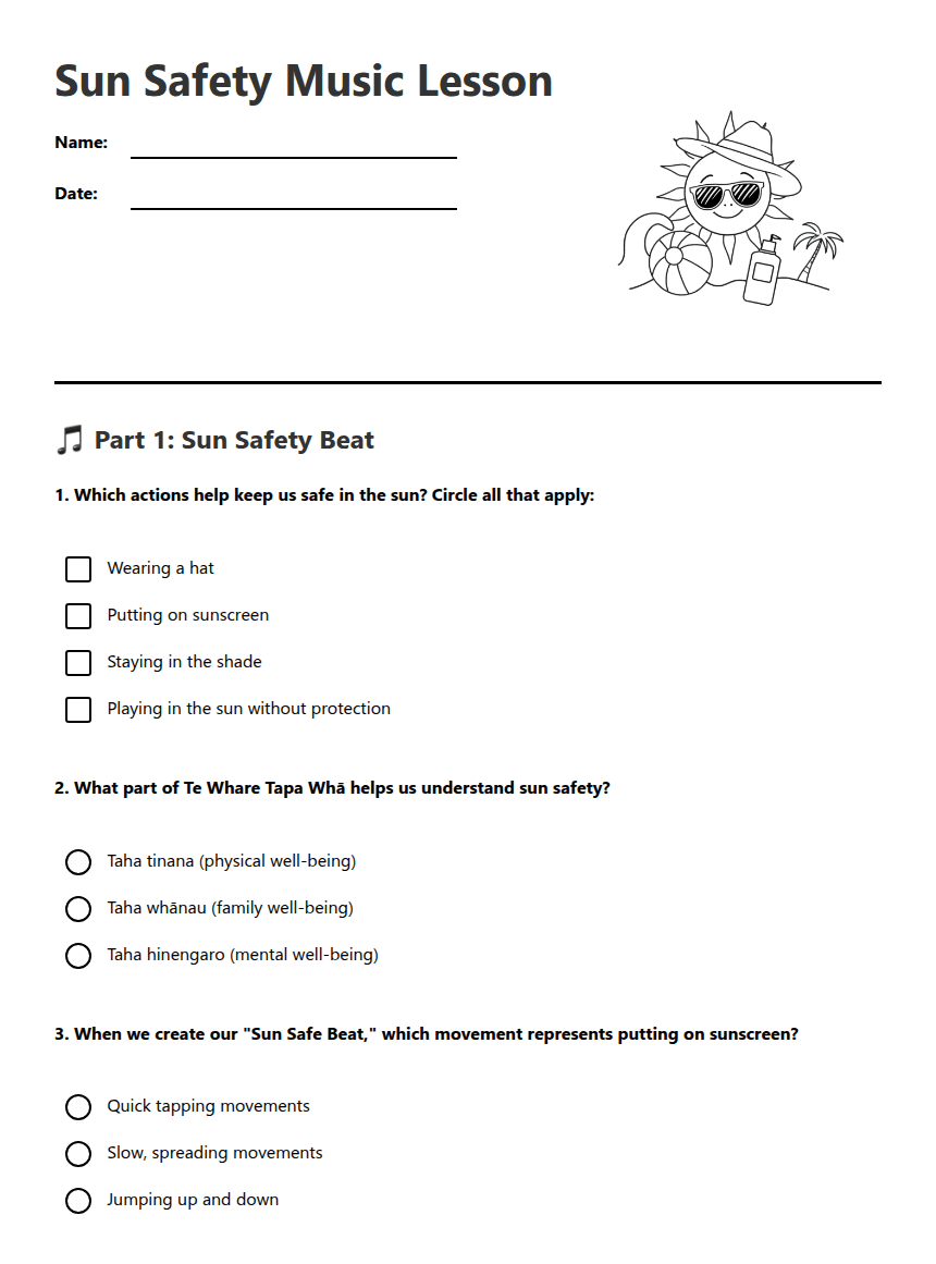 Sun Safety Music Lesson worksheet preview