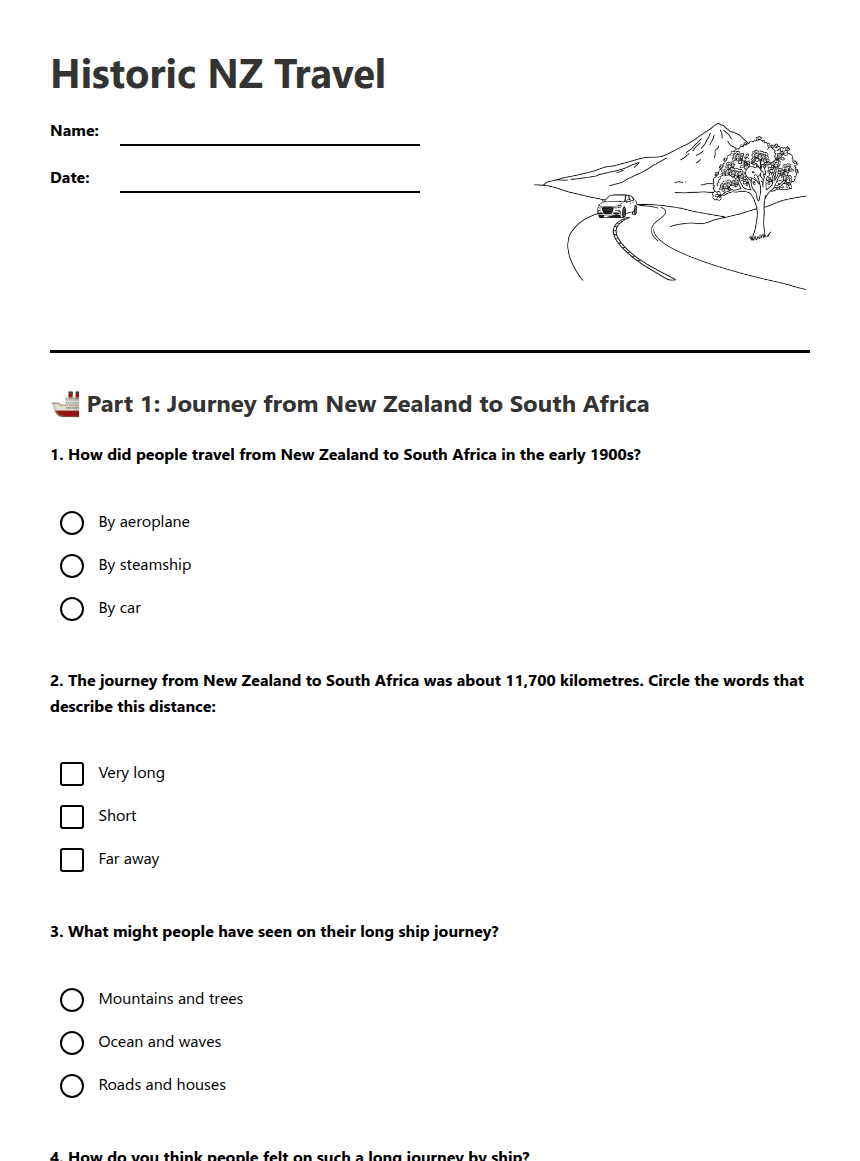 Historic NZ Travel worksheet preview