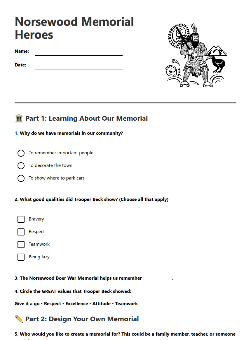 Norsewood Memorial Heroes worksheet preview