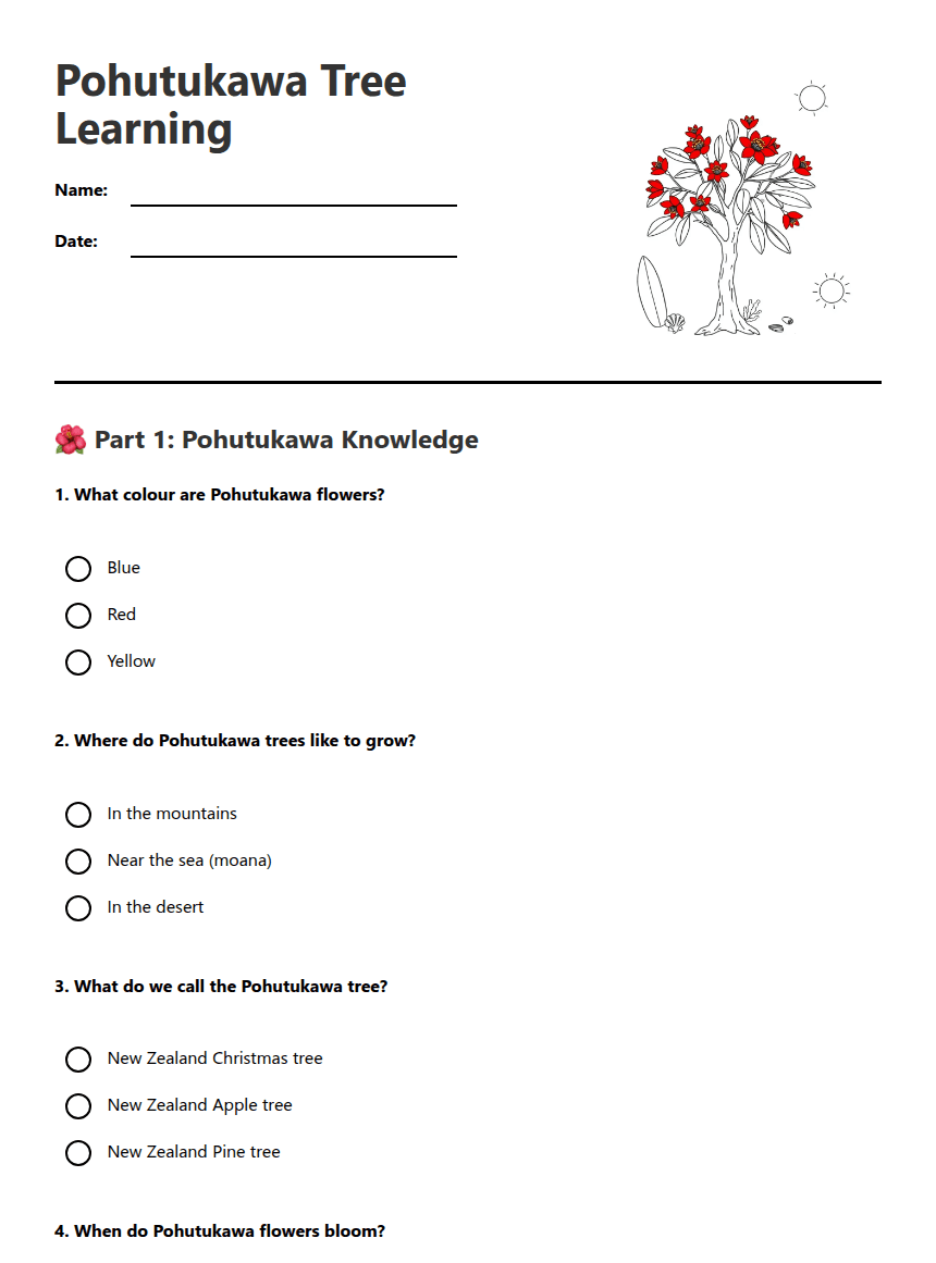 Pohutukawa Tree Learning worksheet preview