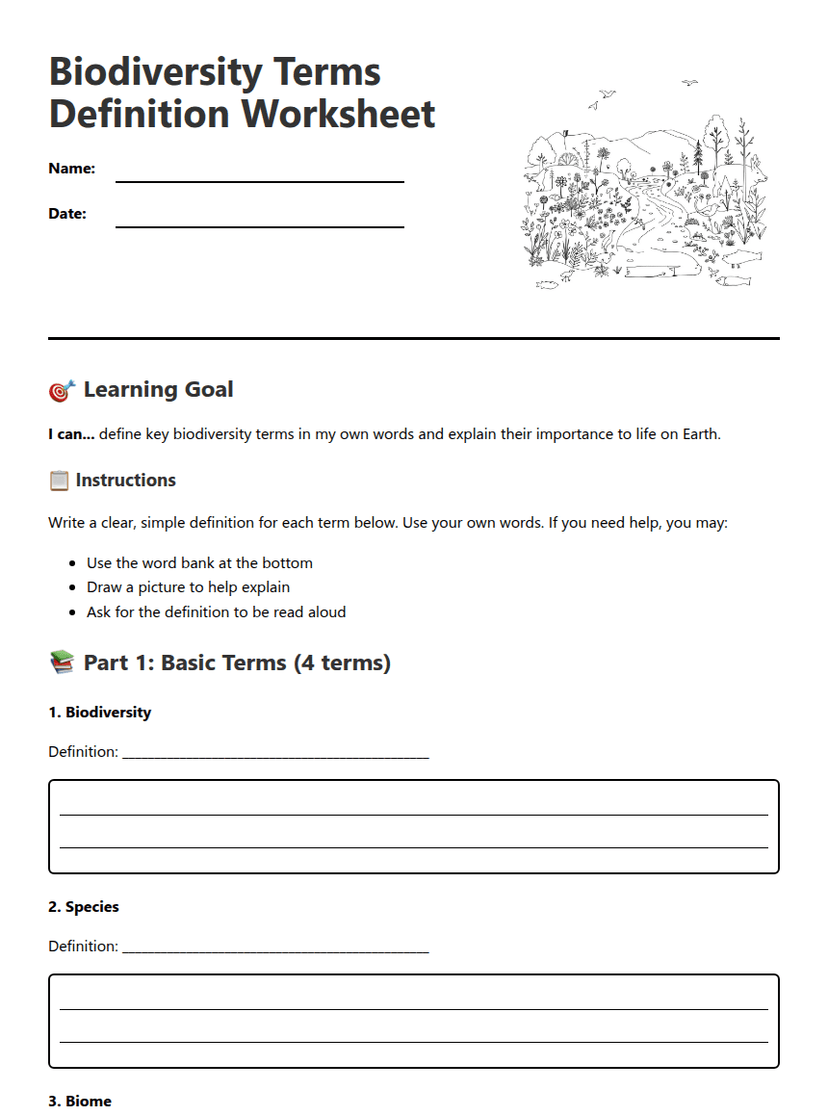 Biodiversity Terms Definition Worksheet