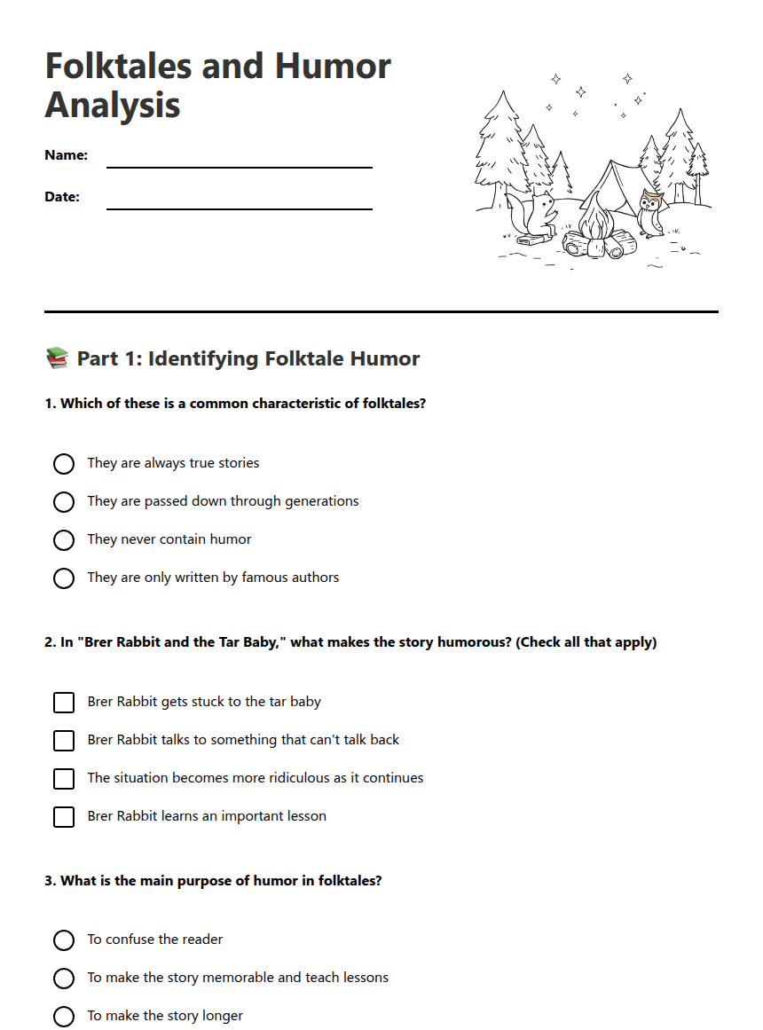 Folktales and Humor Analysis worksheet preview