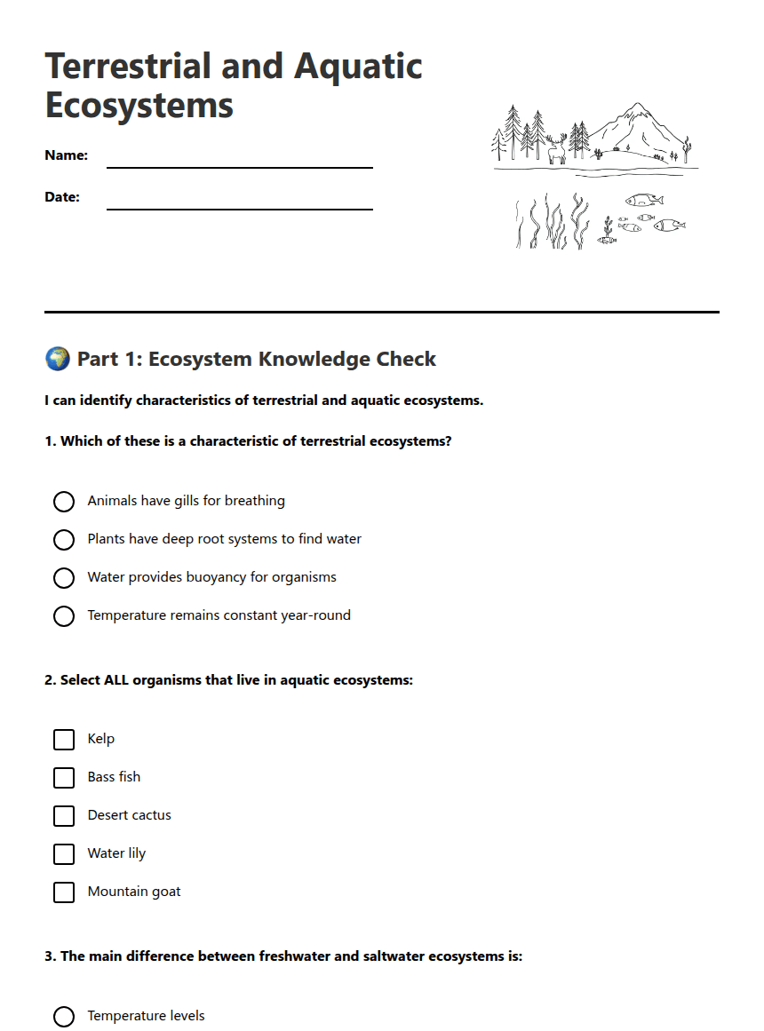 Terrestrial and Aquatic Ecosystems worksheet preview