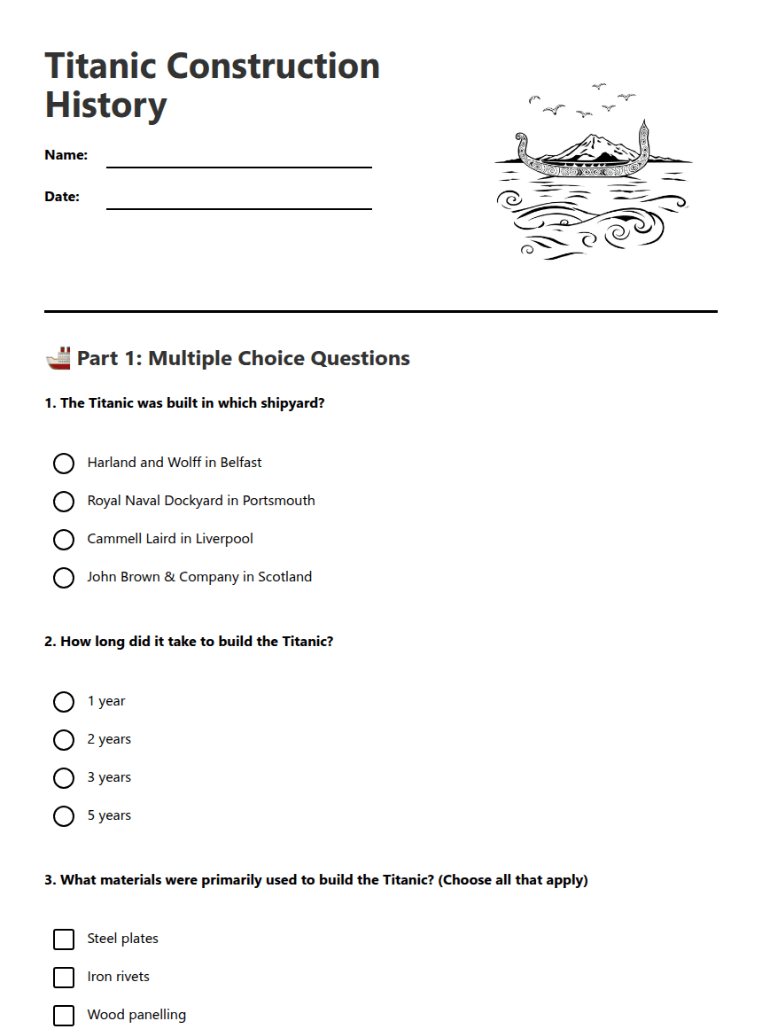 Titanic Construction History worksheet preview