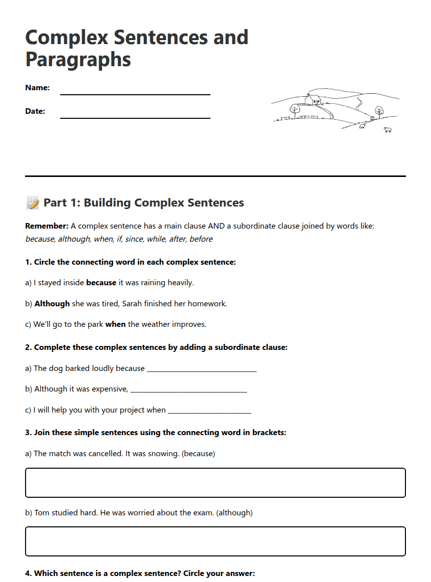 Complex Sentences and Paragraphs worksheet preview