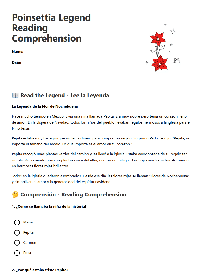 Poinsettia Legend Reading Comprehension worksheet preview