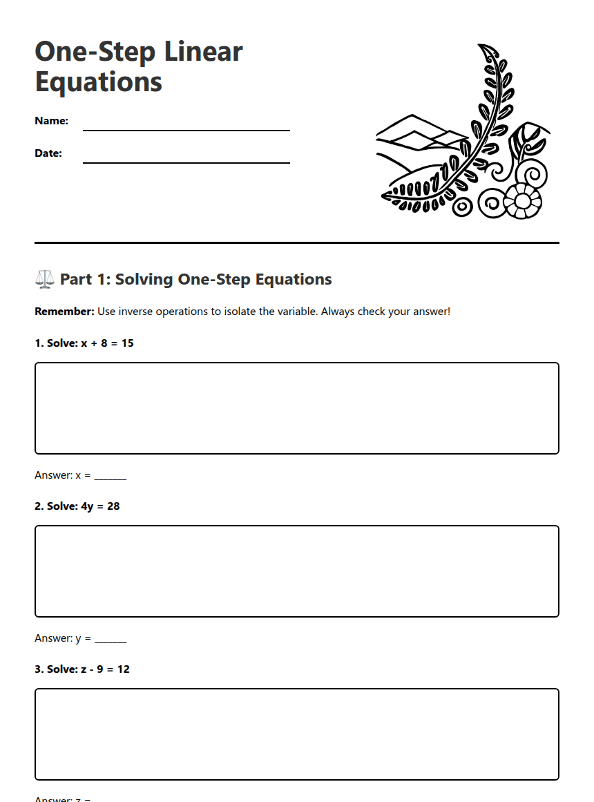 One-Step Linear Equations worksheet preview