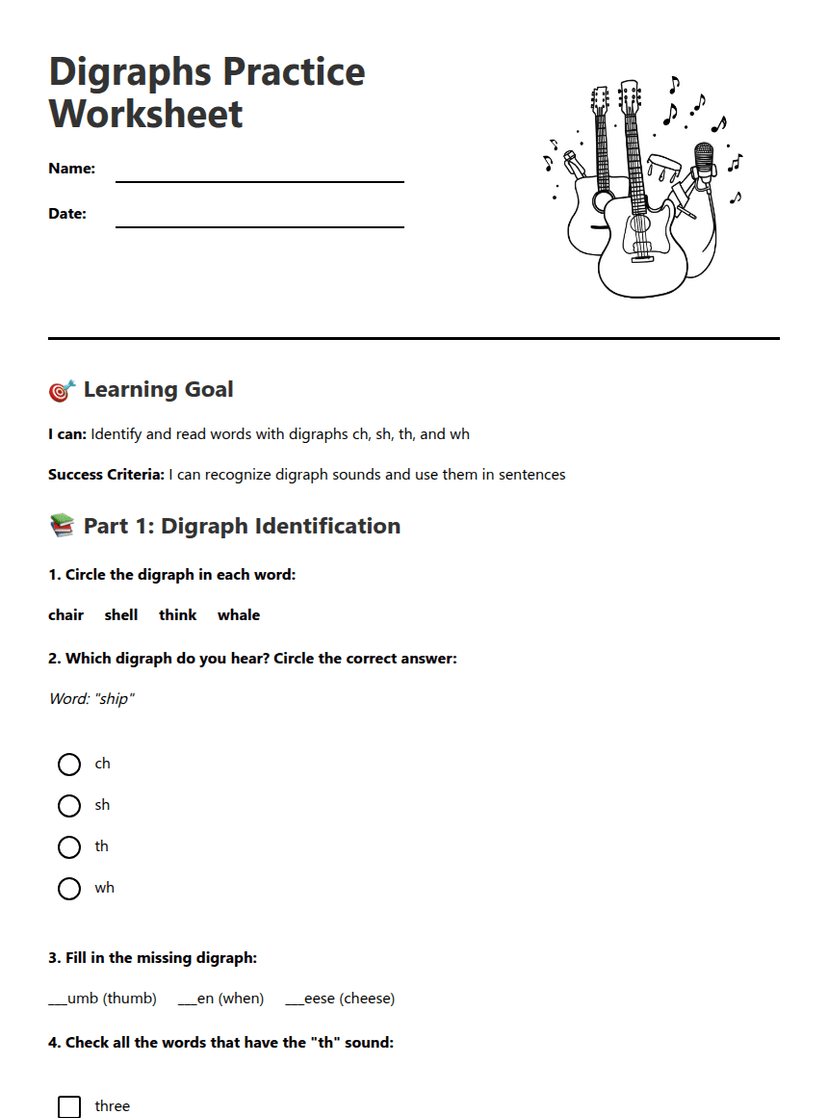 Digraphs Practice Worksheet