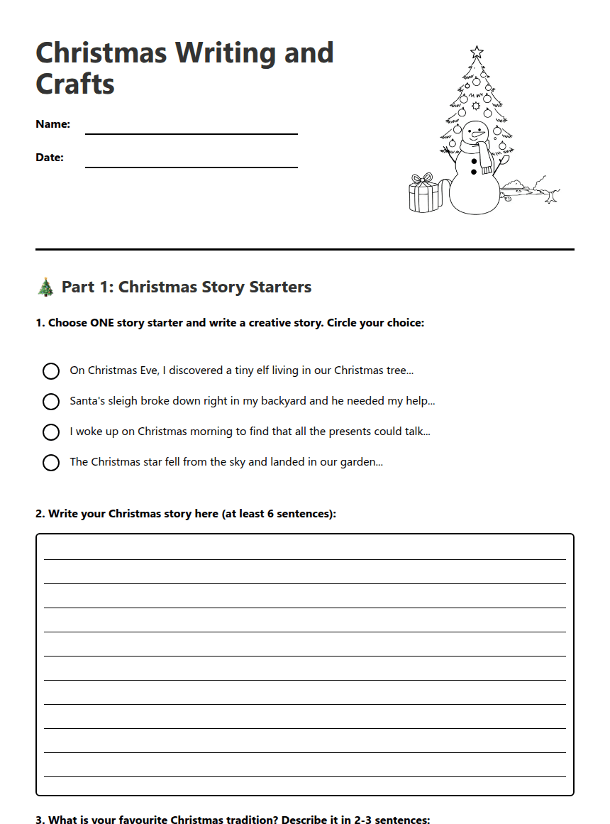 Christmas Writing and Crafts worksheet preview