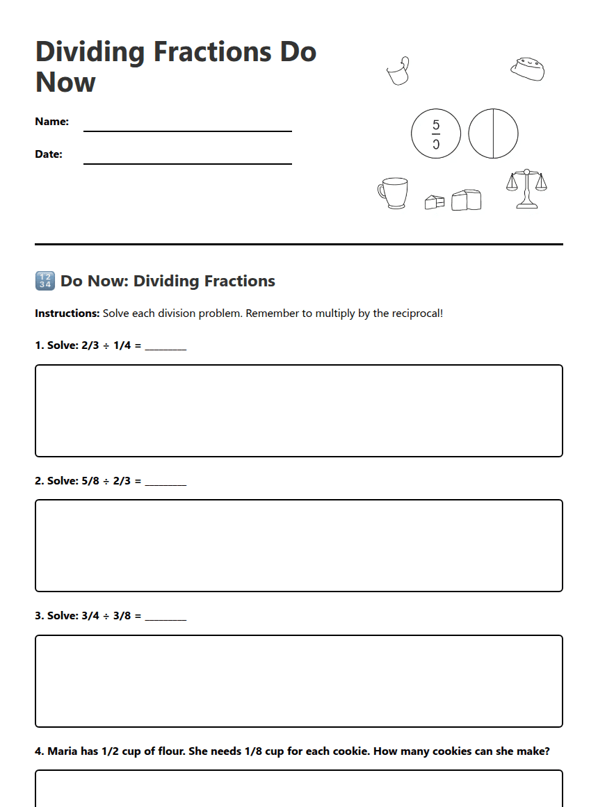 Dividing Fractions Do Now worksheet preview