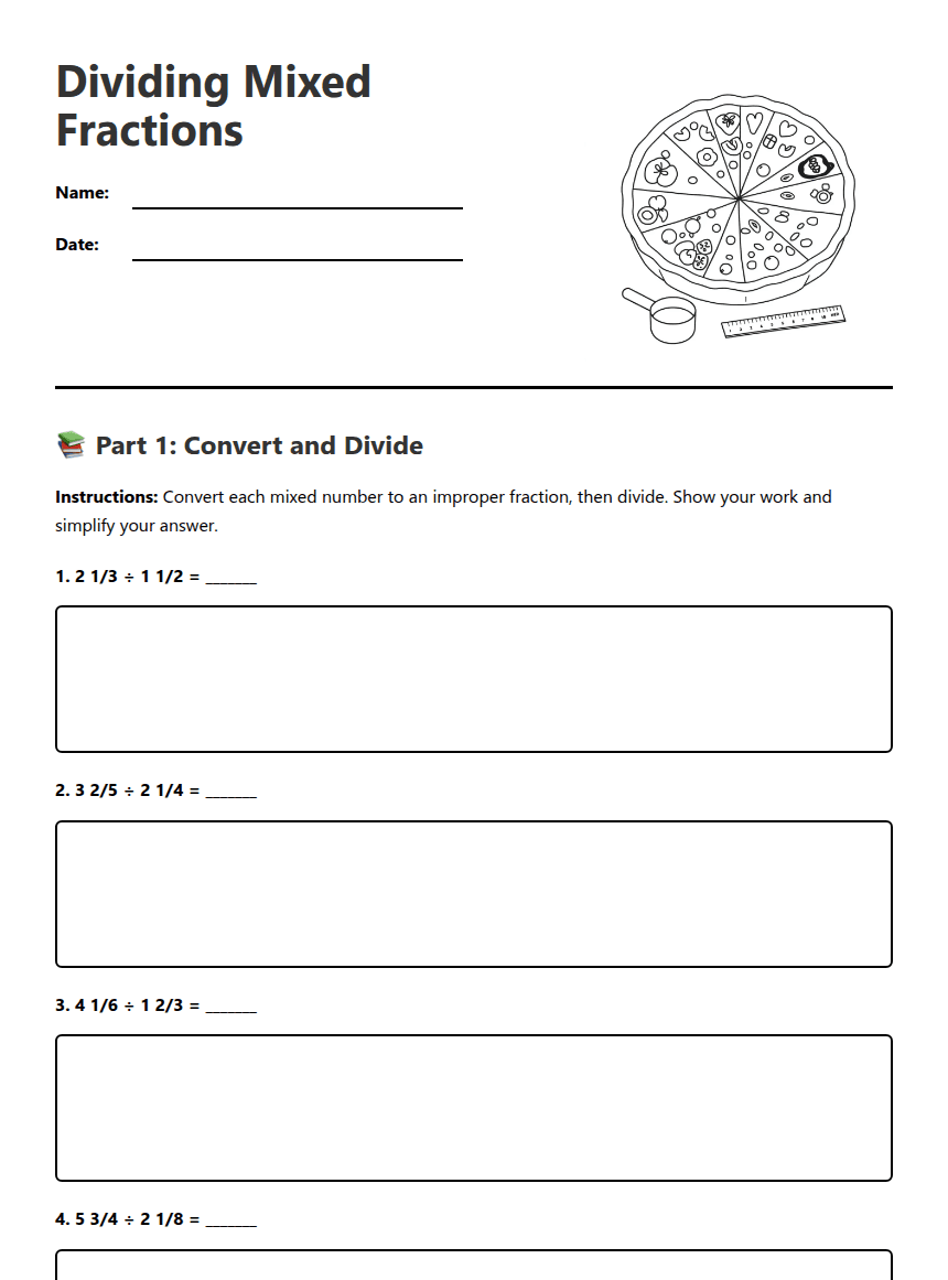 Dividing Mixed Fractions worksheet preview