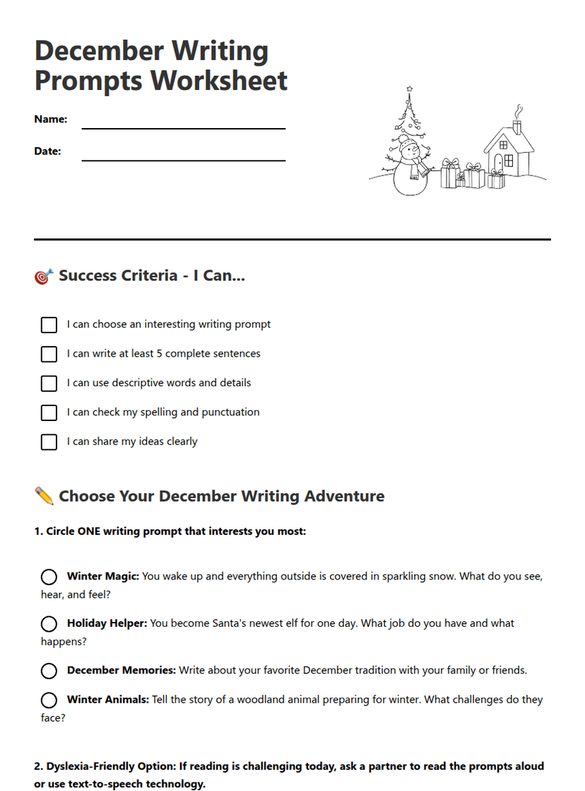 December Writing Prompts Worksheet