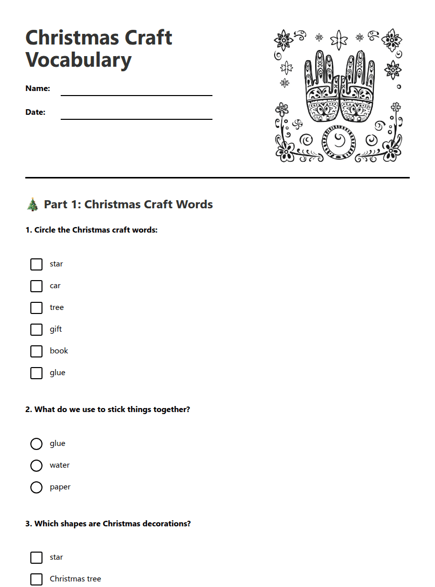 Christmas Craft Vocabulary worksheet preview