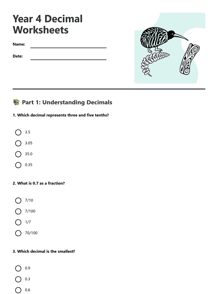 Year 4 Decimal Worksheets worksheet preview