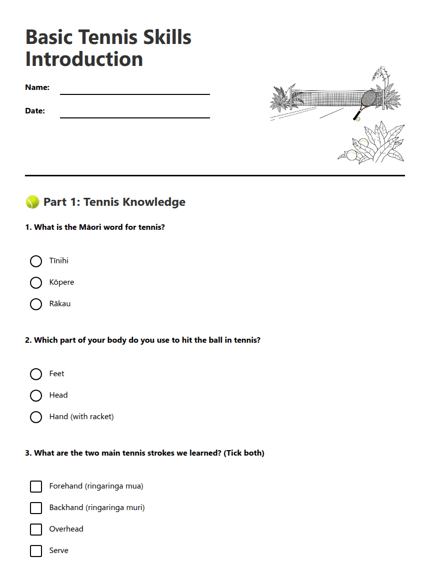 Basic Tennis Skills Introduction worksheet preview