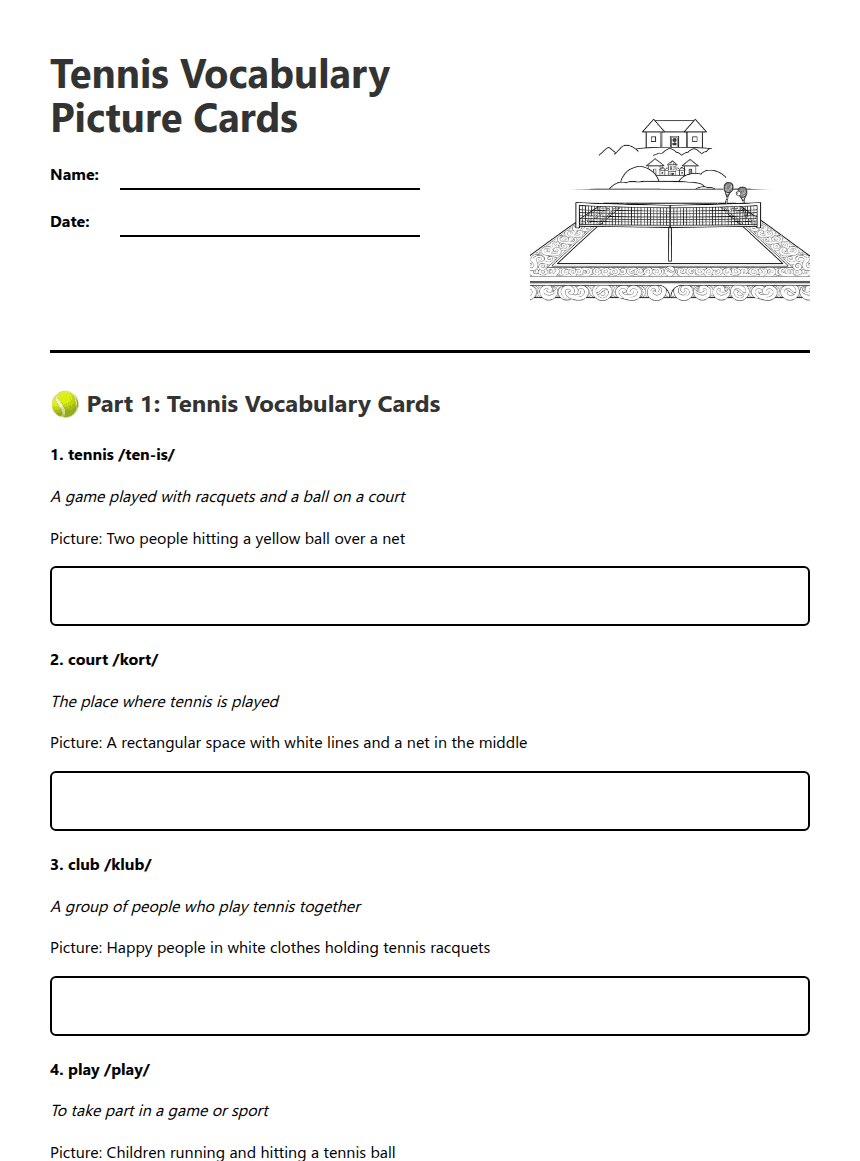 Tennis Vocabulary Picture Cards worksheet preview