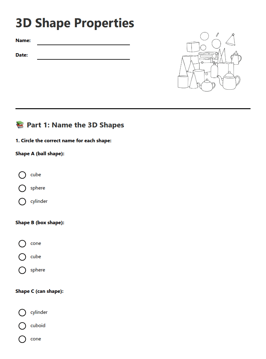 3D Shape Properties worksheet preview