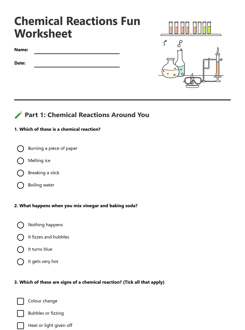 Chemical Reactions Fun Worksheet worksheet preview