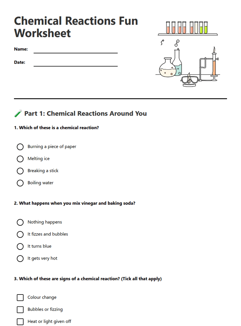 Chemical Reactions Fun Worksheet