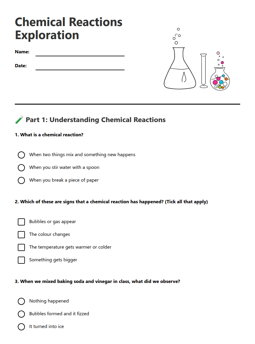 Chemical Reactions Exploration worksheet preview