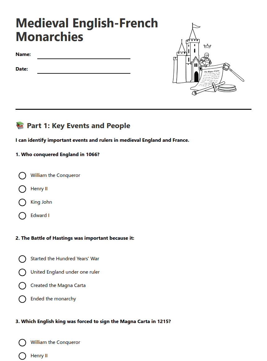 Medieval English-French Monarchies worksheet preview