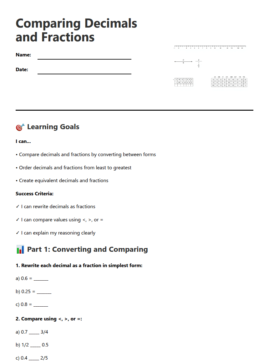 Comparing Decimals and Fractions worksheet preview