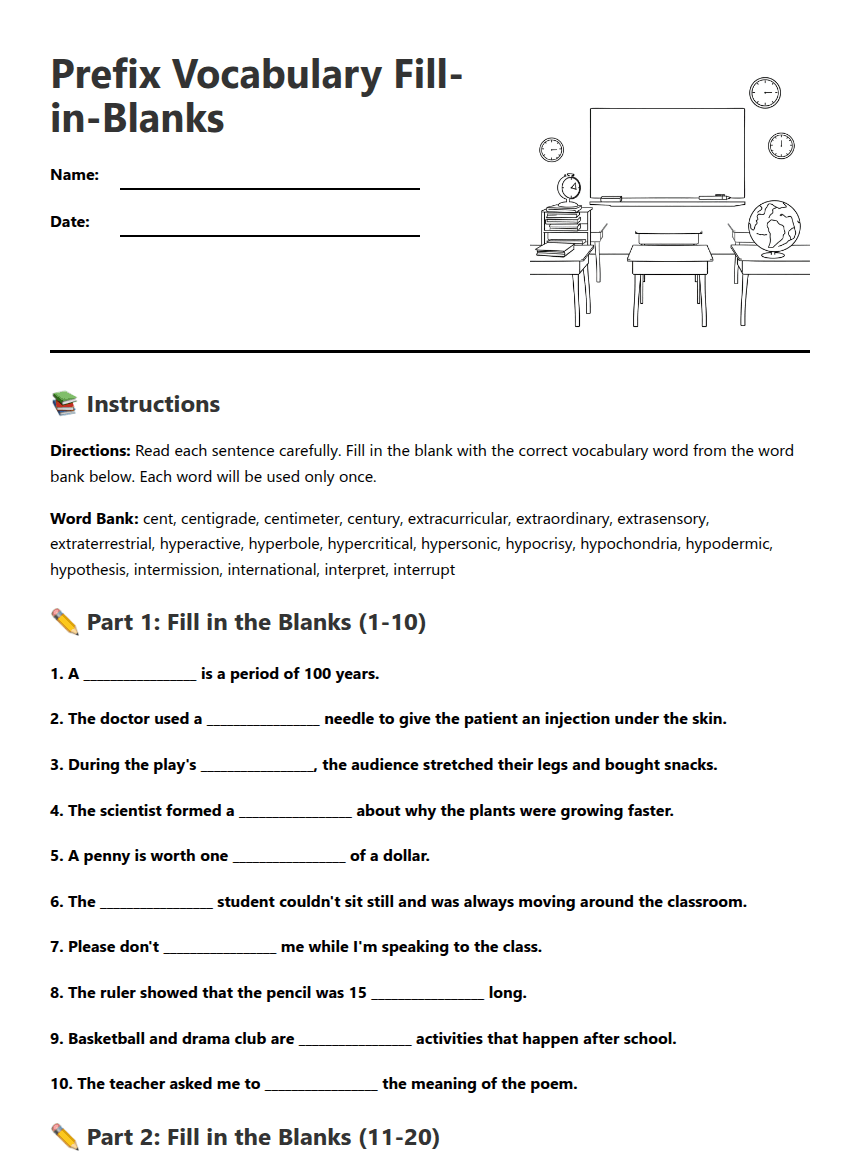 Prefix Vocabulary Fill-in-Blanks worksheet preview