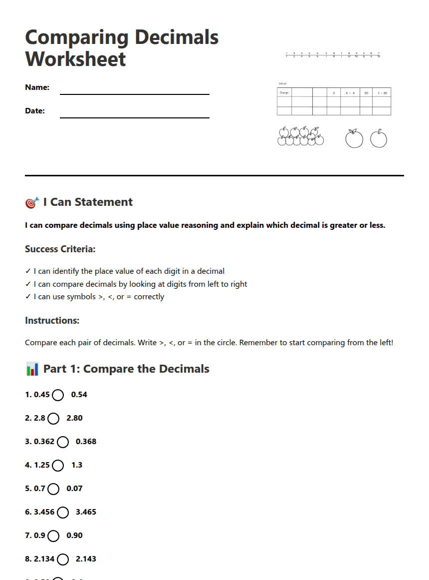 Comparing Decimals Worksheet worksheet preview