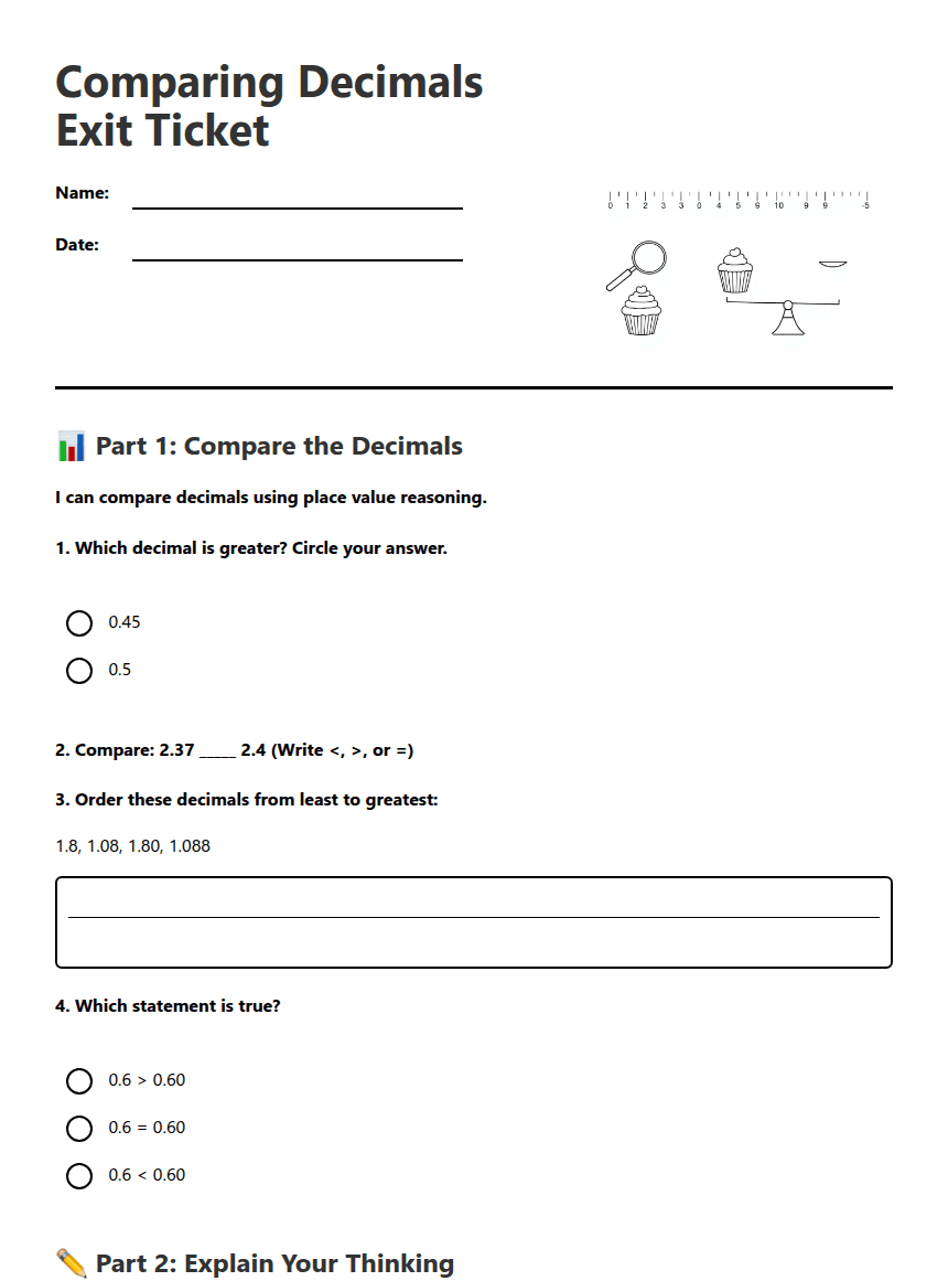 Comparing Decimals Exit Ticket worksheet preview