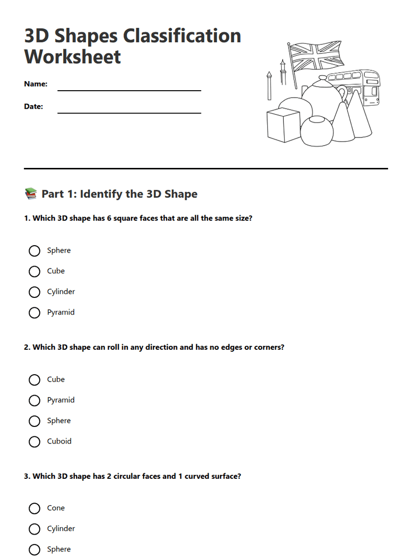 3D Shapes Classification Worksheet