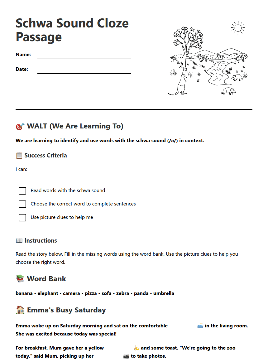 Schwa Sound Cloze Passage worksheet preview