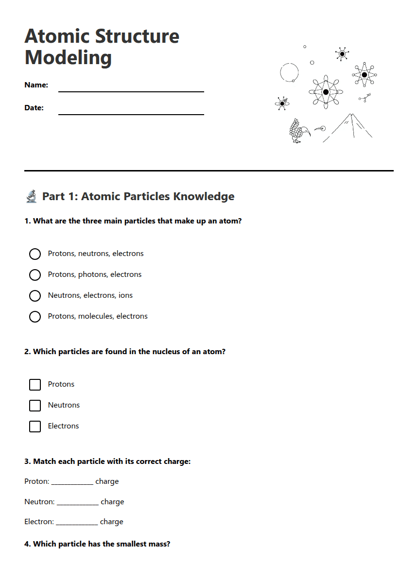 Atomic Structure Modeling worksheet preview