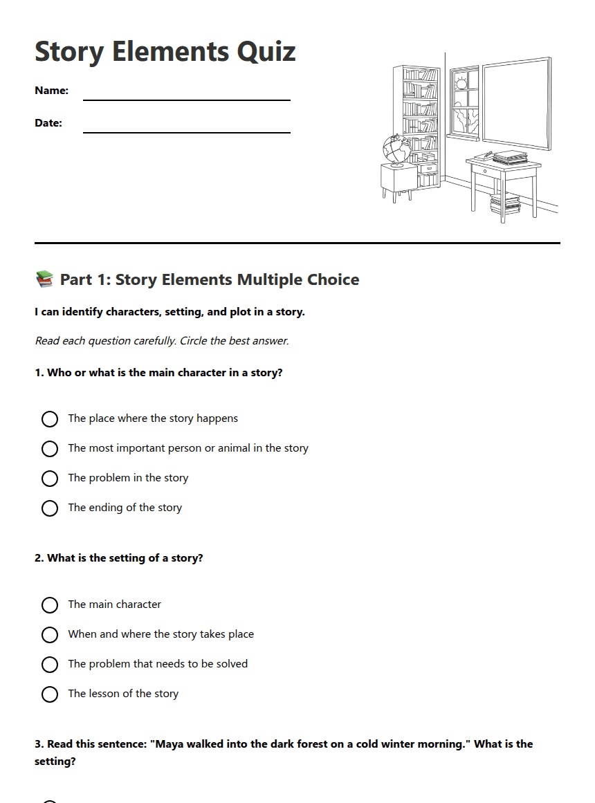 Story Elements Quiz worksheet preview